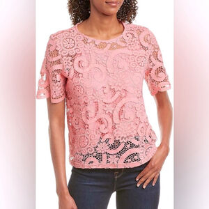 Nanette Lepore Lace Crochet Sheer Pink Lined Bobo Spring Bloom Bow tie Blouse S